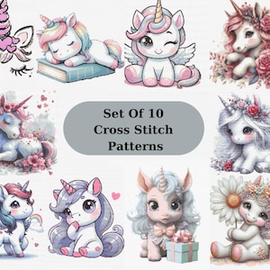 Set of 10 Cross stitch Pattern, Animal Cross Stitch Pattern, Floral cross stitch Pattern, Unicorn Cross Stitch Pattern, Rainbow Cross Stitch