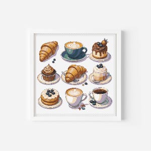 Coffee Cross Stitch Pattern | Breakfast Cross Stitch Chart  Kitchen Poster Cross Stitch Ideas PDF | Croissant Cross Stitch