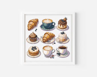 Coffee Cross Stitch Pattern | Breakfast Cross Stitch Chart  Kitchen Poster Cross Stitch Ideas PDF | Croissant Cross Stitch