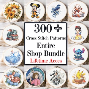 May include: A collection of twelve circular embroidery hoops featuring various cross stitch patterns including sunflowers, cartoon characters, animals, and a wedding scene, surrounding a central sign reading 300+ Cross Stitch Patterns Entire Shop Bundle Lifetime Acces.
