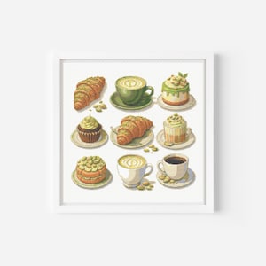 Könnte beinhalten: Gerahmter Kunstdruck mit einer Aquarellillustration verschiedener Backwaren und Kaffee. Das Bild zeigt Croissants, Cupcakes, Kuchen und Kaffeetassen, alle mit Pistazien-Thema. Das Kunstwerk ist vor einem weißen Hintergrund.