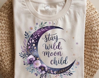 Boho Moon Child PNG: Floral Crescent, Celestial Clipart (Digital Download)