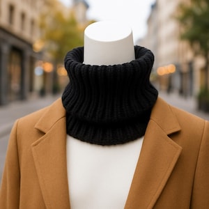May include: A black knitted turtleneck collar is displayed on a mannequin. The collar is thick and ribbed, designed to be worn around the neck. The mannequin is wearing a tan blazer over a white shirt, with a blurred city street in the background.