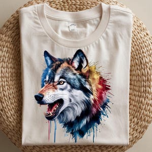 Colorful Roaring Wolf PNG Sublimation Design for T-Shirts | Tribal Spirit Animal Art | Vibrant Digital Wolf Head Download for Printing png