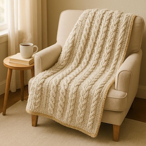 May include: Cream-colored cable knit throw blanket draped over a beige armchair. The blanket features a thick, textured design with vertical cable patterns and a contrasting border. A small side table with a cup of coffee and a book is next to the chair.