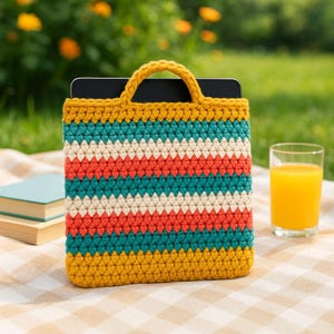Puede incluir: Una colorida funda de tableta de ganchillo con asa. La funda presenta rayas horizontales en amarillo, turquesa, crema y naranja. El fondo incluye un vaso de zumo de naranja, un libro y una manta de picnic.