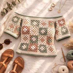 Peut inclure: Haut crochet fait main, épaules nues, avec un motif patchwork. Le haut présente des carrés crème, vert sauge et pêche. Il est présenté avec des sandales marron, des lunettes de soleil et des bijoux dorés.
