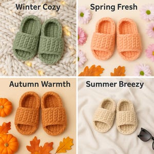 Può includere: Quattro paia di pantofole all'uncinetto fatte a mano in verde, pesca, arancione e crema. Il testo recita "Winter Cozy", "Spring Fresh", "Autumn Warmth" e "Summer Breezy". Le pantofole sono presentate su sfondi stagionali.