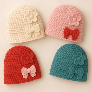 May include: Four knitted beanies in cream, pink, red, and teal. Each beanie features a flower and bow embellishment. The cream beanie has cream-colored accents, the pink has a red bow, the red has a pink bow, and the teal has a teal bow.