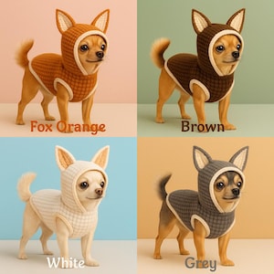 May include: Four small dogs wearing hooded sweaters in fox orange, brown, white, and grey. Each sweater has a hood with pointed ears and a matching vest. The text "Fox Orange", "Brown", "White", and "Grey" is below each dog.