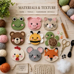 Könnte beinhalten: Ein Set aus neun runden Häkelapplikationen in Tierform, darunter Frosch, Schwein, Katze, Bär, Biene, Schildkröte, Huhn, Maus und Fuchs, ergänzt durch eine Holzhäkelnadel, eine Schere, Garnknäuel, Maschenmarkierer und einen kleinen Beutel.