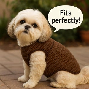 Può includere: Un cagnolino soffice con un maglione marrone all'uncinetto. Il cane è seduto su una superficie di mattoni. Una nuvoletta sopra la testa del cane dice: "Si adatta perfettamente!"