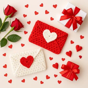 Può includere: Una vista dall'alto presenta articoli di San Valentino su sfondo crema. Sono visibili due rose rosse, due buste all'uncinetto con cuori, una scatola regalo bianca con fiocco rosso e una piccola scatola regalo rossa con fiocco rosso. Decorazioni a forma di cuore rosse sono sparse.