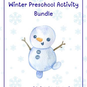 Könnte beinhalten: Aquarell-Illustration eines Schneemanns mit Karottennase, Zweigarmen und Knopfaugen und -knöpfen. Der Text "Winter Preschool Activity Bundle" und "Montessori Printable Materials" wird auf weißem Hintergrund mit Schneeflocken-Akzenten angezeigt.