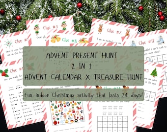 Puede incluir: Juego de búsqueda del tesoro y calendario de adviento. El juego incluye 24 días de divertidas actividades navideñas en interiores. Las tarjetas tienen pistas, acertijos y rompecabezas con ilustraciones y texto festivos.