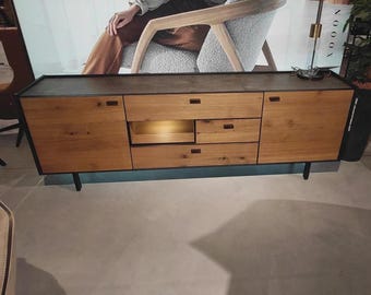 220 cm Industrielles Sideboard | Eiche dunkel & Beton Optik Top | Soft-Close