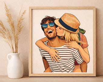Custom Couple Portrait, Birthday Gift For Him, Cartoon Illustration, Personalized Boyfriend Gift, Anniversary Gift for Boyfriend