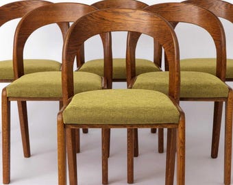 Set of 6 Baumann Gondola Dining Chairs, Mid Century Oak Chairs, 1970s Vintage German Chairs, Green Upholstered Dining Set