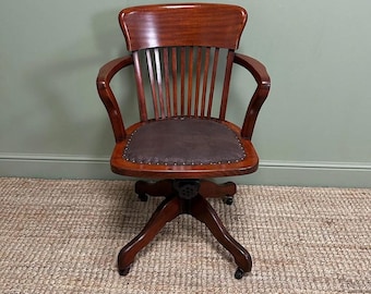 Edwardian Antique Mahagoni Dreh-Bürostuhl | Vintage Schreibtischstuhl aus Holz mit Ledersitz | 1900er Studierstuhl mit Rollen
