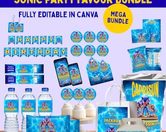 Sonic Birthday Party Favor Bundle, Editable Canva Templates (Digital Files)