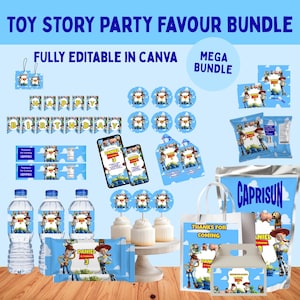 Könnte beinhalten: Ein Set von Toy Story Party-Gastgeschenken, darunter Wasserflaschen, Süßigkeitenverpackungen und ein Banner mit der Aufschrift "Happy Birthday". Das Set zeigt Bilder von Woody, Buzz Lightyear und anderen Charakteren.