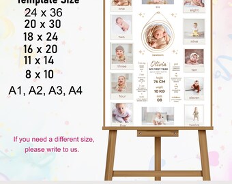 Minimalist 1st Birthday Milestone Signs, Printable Baby's First Year Poster, Editable 1st Birthday Milestone Board, Photo Collage Templates,