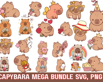 Capybara Birthday Party Clipart PNG Bundle, Kawaii Animal Stickers Kids Craft Fun Celebration Sublimation, Capybara Cartoon PNG Bundle