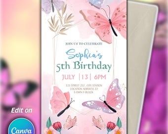 Butterfly Birthday Invitation: Editable Canva Template (Digital Download)