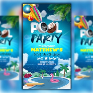 Editable Pool Party Birthday Invitation Neon Glow Swim Invite for Boys Blue Green Pool Birthday Canva Template Digital Download Evite Boy