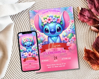 Stitch Birthday Invitation Template, Cartoon Pool Party Evite (Digital Download)