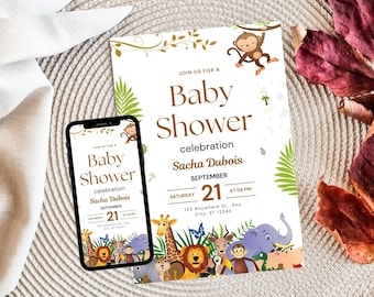 Jungle Safari Birthday Invitation, Animals Party, Editable Canva Template