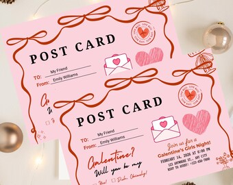 Galentines Day Invitation Template, Love Letter Galentine Party Invite Postcard, Hand Drawn Dinner Party for Best Friends,