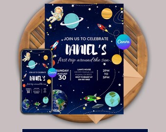 Space Birthday Invitation: Galaxy, Astronaut Theme (Canva Template, Digital Download)