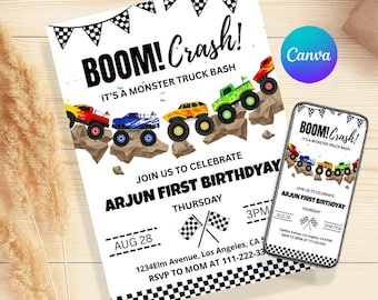 Monster Truck Birthday Invitation: Boom Crash Party, Canva Template (Digital Download)