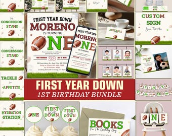 First Year Down Birthday Bundles, Football First Birthday Party Kit, Rookie Year Football Birthday Decor, First Down Birthday Invite