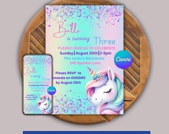 Inbjudan till enhörningsfödelsedag: Pastellfärgad regnbågsglitterdesign (utskrivbar Canvasmall)