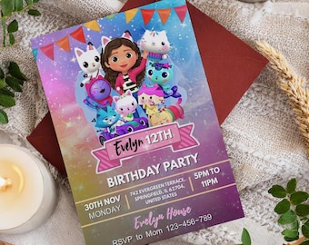 Editable Gabbys Dollhouse Birthday Invitation, Kids Party Invites (Digital)