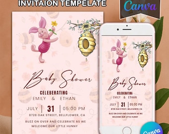 Winnie the Pooh Baby Shower Invitation: Pink Floral, Editable Canva Template (Digital)