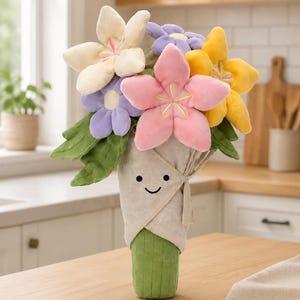 Joli bouquet de fleurs en peluche, composition florale faite main en tissu doux avec enveloppe de visage souriant, cadeau kawaii, décoration de chambre de bébé et d'intérieur