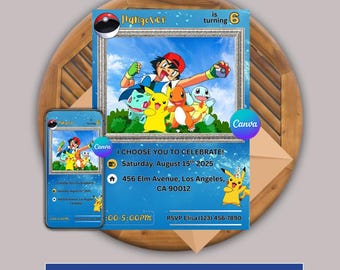 Birthday Invitation Pokemon Card, Pokémon Party Card, Canva Template, Customisable Party Invite for Fun & Playful Design, Instant Download!