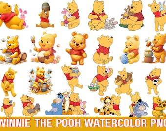Winnie the Pooh Watercolor Clipart Bundle, Baby Pooh & Friends PNG, Nursery Digital Download, Baby Shower, Invitations, Stickers, Svg