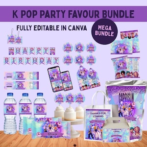 May include: A K Pop party favor bundle with various items, including water bottle labels, cupcake toppers, and a banner that says "Happy Birthday." The items are purple, blue, and white with a K Pop theme. The text "Fully Editable in Canva" is also visible.