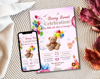 Teddy Bear Baby Shower Invitation, Boy First Birthday (Editable, PDF)