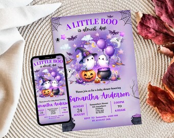 Ghost Halloween Baby Shower Invitation, Editable Canva Template (Digital Download)