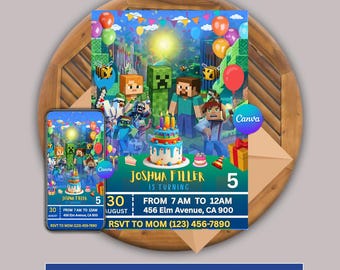 Trendig födelsedagsfestinbjudan Canva-mall, födelsedagsinbjudan, mall för gamerfödelsedagskort, redigerbar trendig födelsedag, utskrivbart kort