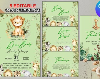 Safari Baby Shower Invitation, Jungle Animals, Canva Template (Digital Download)
