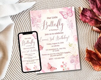 Butterfly Birthday Invitation, Editable Girl Party Template (Canva)