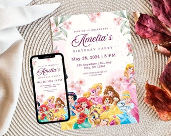 Princess Birthday Invitation, Pink and Gold, Editable Canva Template (Digital Download)