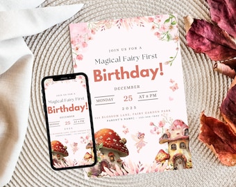 Fairy First Birthday Invitation Girl, Fairy 1st Birthday Invite, Girl 1st Birthday Invitation, Garden Fairy Birthday, Canva Template