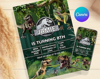 Editable Dinosaur Birthday Invitation: T-Rex Party, Jurassic Theme (Canva Template, Digital Download)